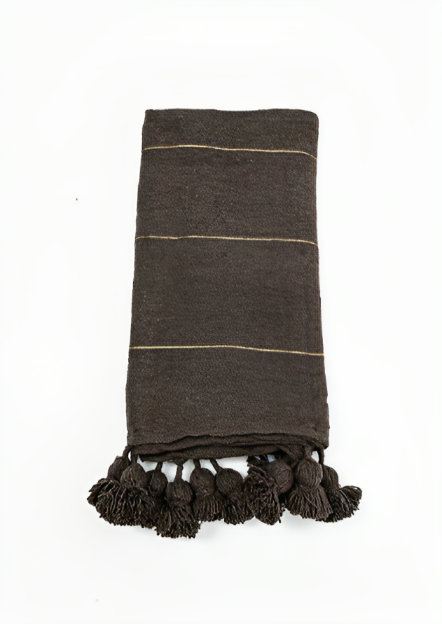 Élégance ébène : couverture à pompons en coton tissé à la main-270x200 cm