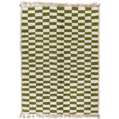 Rabat - handwoven green Moroccan checkered wool rug 