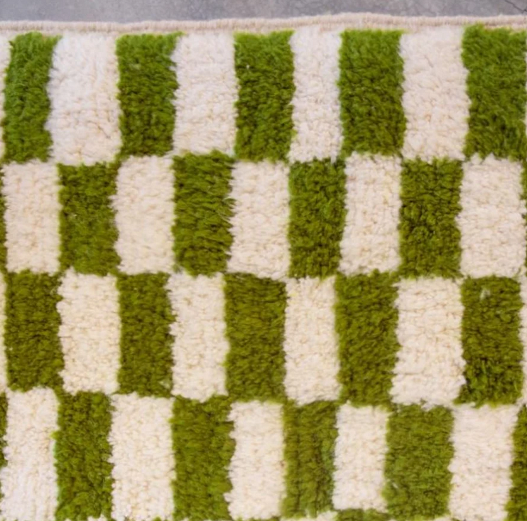 Rabat - handwoven green Moroccan checkered wool rug 