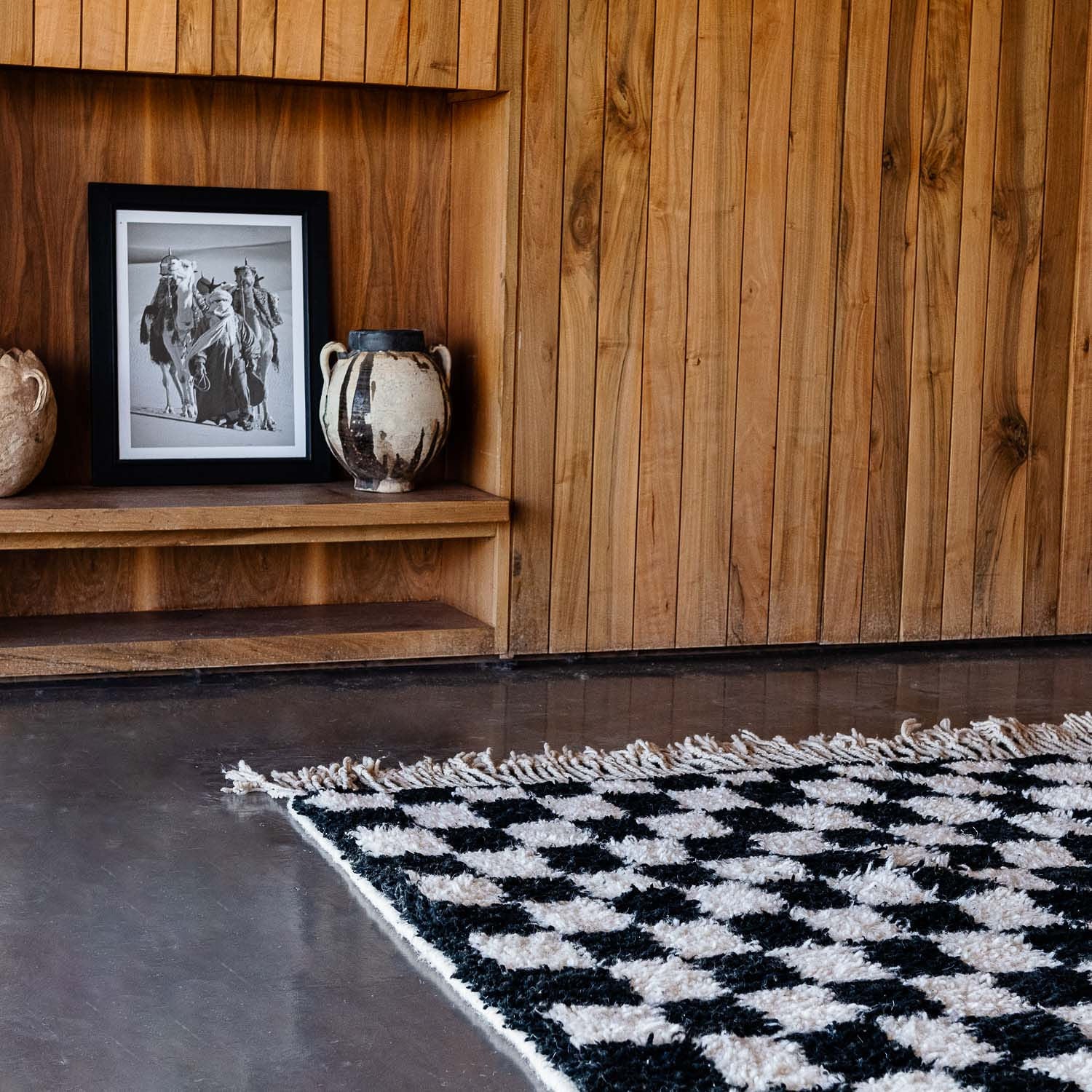 Black and white Moroccan Checkered rug tigmee interiors