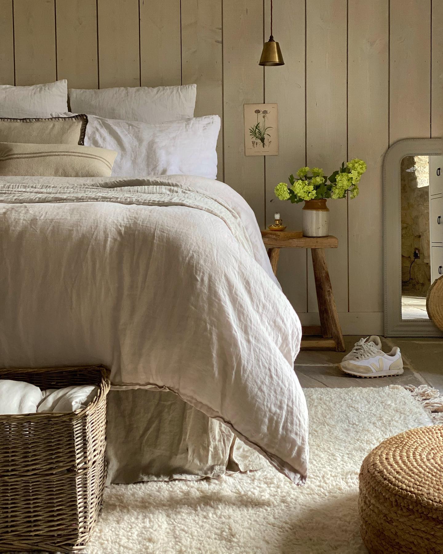 White Minimalist Handmade Moroccan Area Rug in bedroom