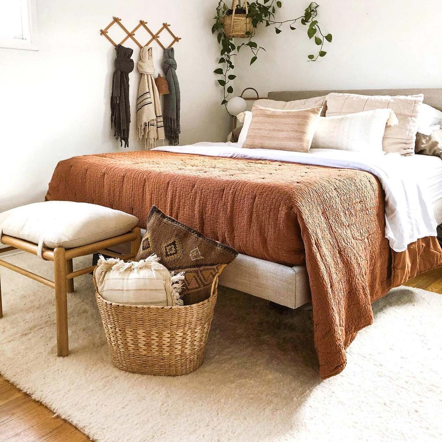 White Minimalist Handmade Moroccan Area Rug in beige bedroom